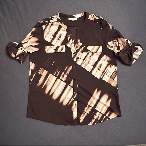 Calvin Klein Modern Graphic Top Blouse XL Multicolor Long Roll Tab Sleeve Black - Picture 11 of 14
